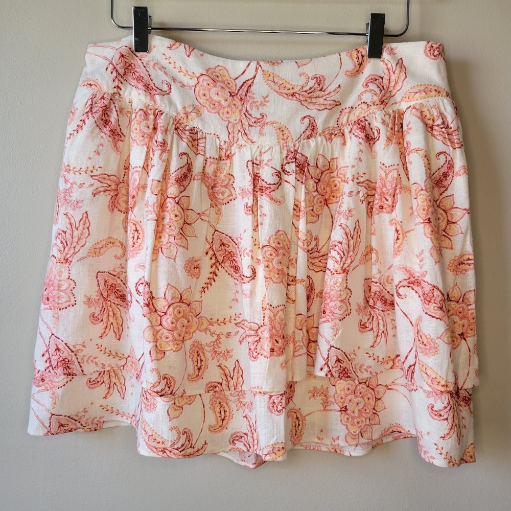 Express Women's Pink Ivory Linen Blend Floral Tiered Ruffle Mini Skirt Sz 14 New